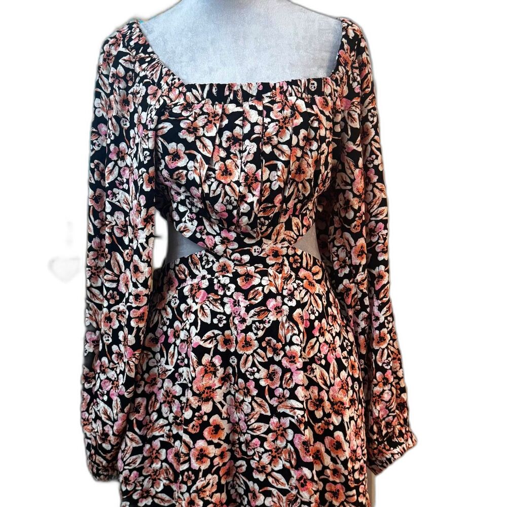 Free People Boho Floral Mini Dress Long Sleeve Cutout Waist Black Pink Size L
